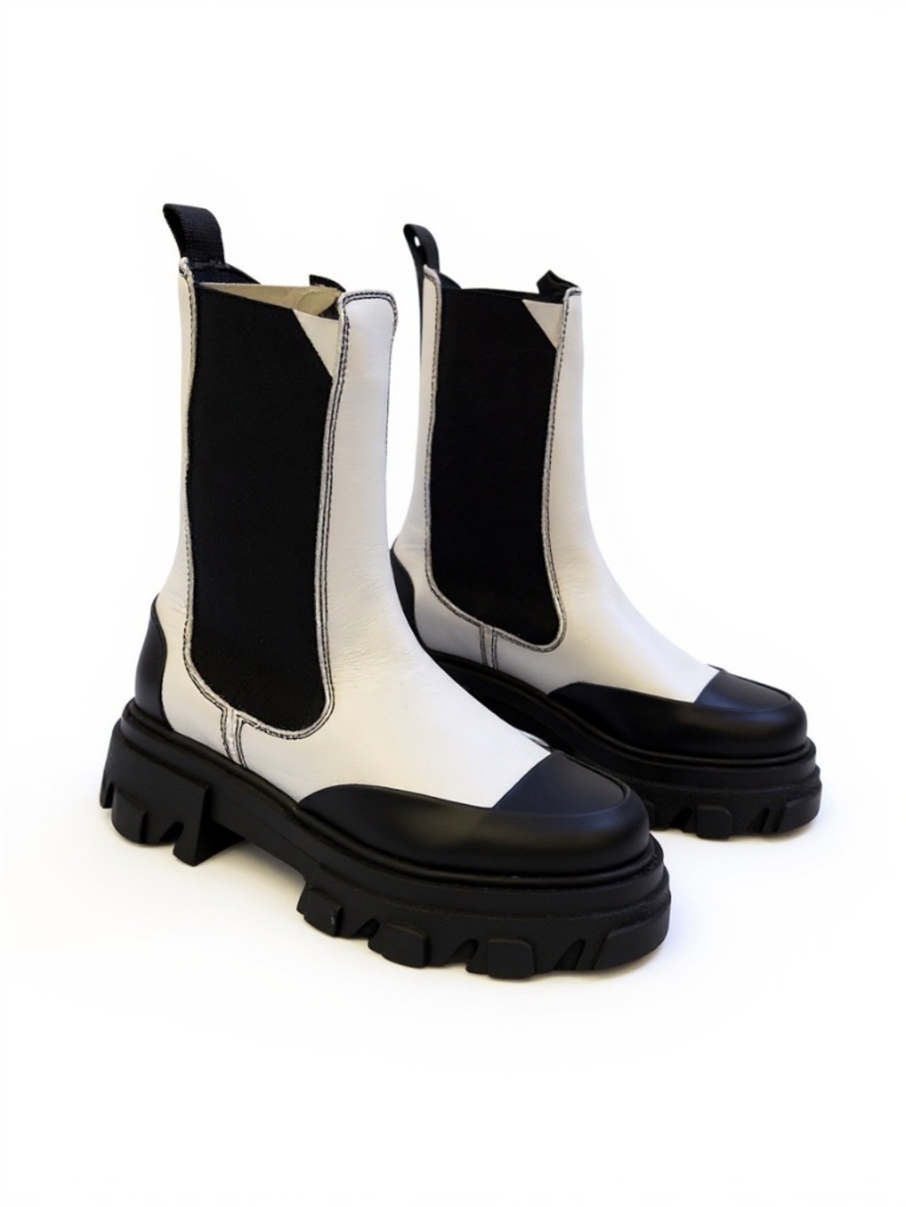 GANNI Leather Cleated Mid-Calf Chelsea Boots White/Black Sz 37